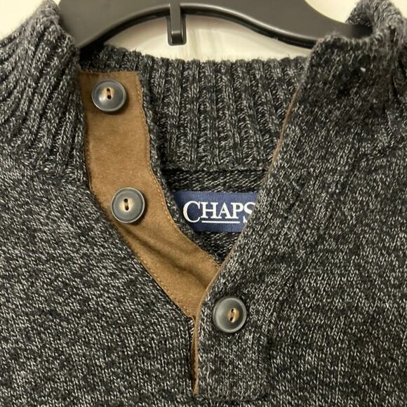 CHAPS Heathered Dark Gray Elbow Patch Henley Button 100% Cotton Sweater XL - Picture 3 of 10